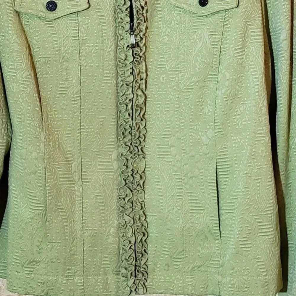 Ruby Rd. Jacket Size L Green Ruffle Trim Zip Front Textured Jacquard Shacket - Picture 5 of 5